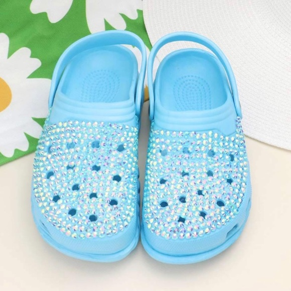Blue Bling Rhinestone Crystal Slip On Croclike Slides Rubber Clogs Shoes - Picture 3 of 5